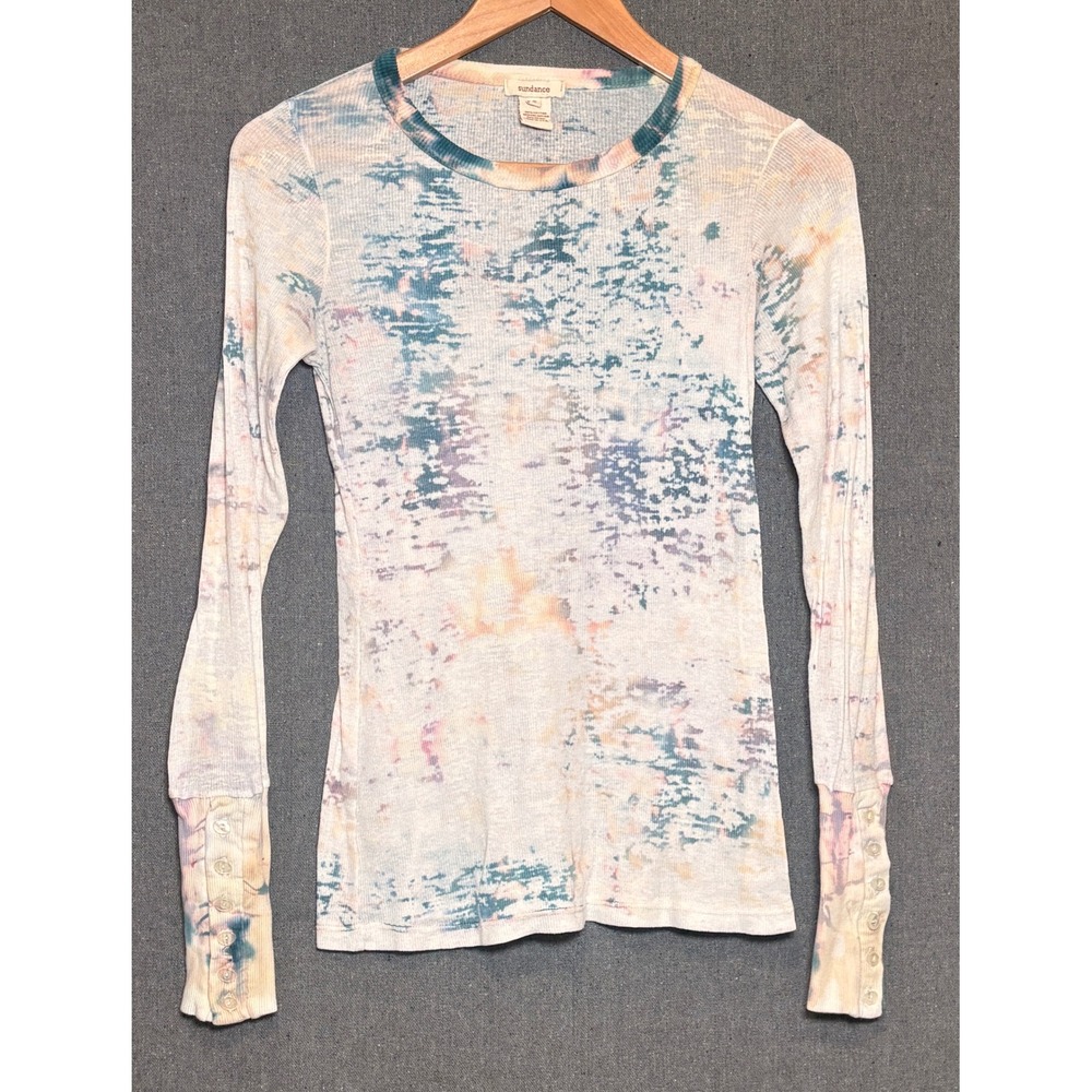 Sundance Womens Small Tie Dye Thermal Top Long Sleeve Button Cuff Waffle Knit
